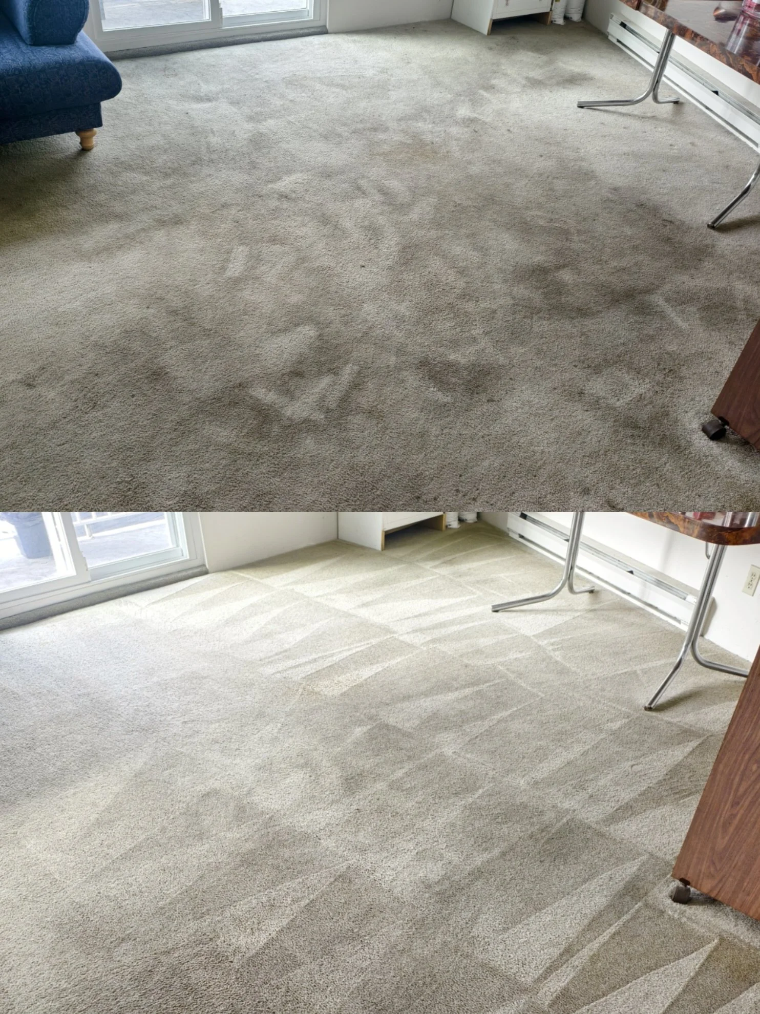 Before and after carpet cleaning - living room