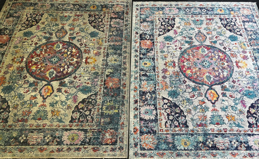 Before and after area rug cleaning in Calgary — colors restored