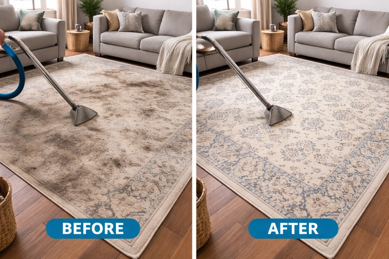Living room area rug deep cleaned in Calgary — dirt and stains removed