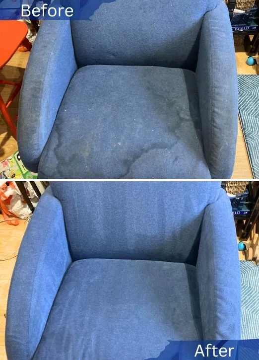 Before and after upholstery cleaning - blue fabric chair in Calgary